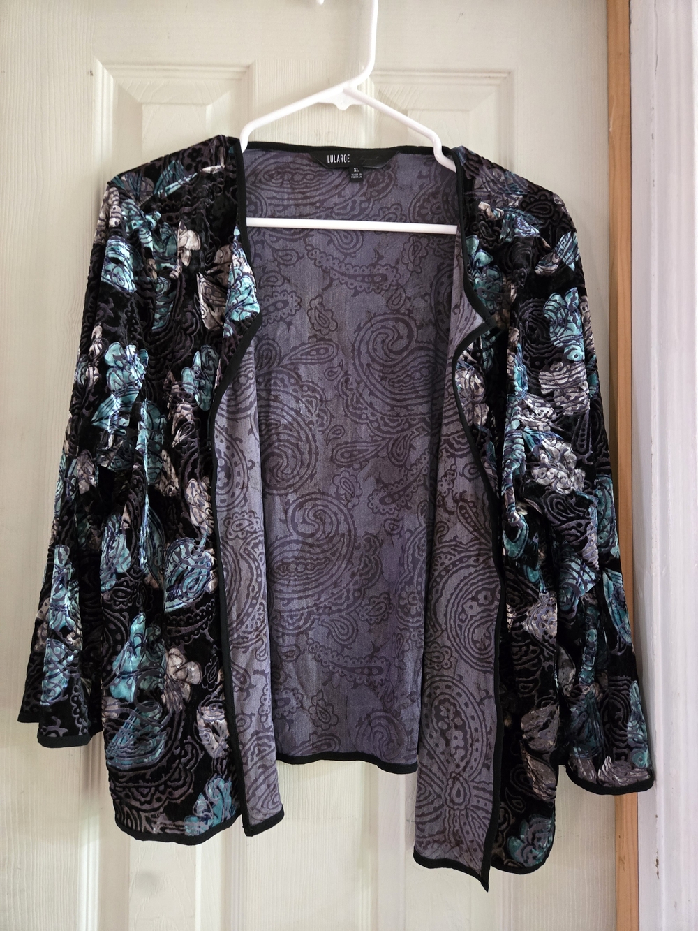 Lularoe Women's Black & Teal Paisley Open Cardigan Sweater